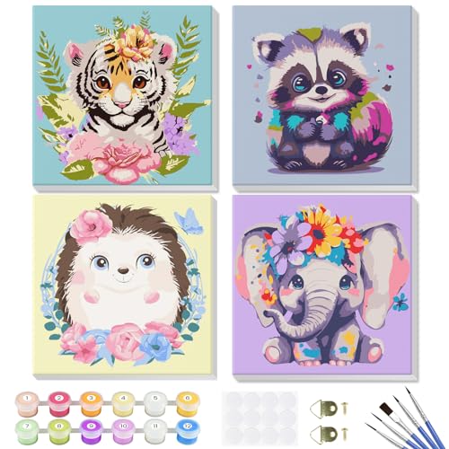 GHHKUD Pintura por números para adultos e crianças a óleo de tela DIY, conjunto de 4 pinturas para crianças, animais kit artesanato crianças presentes para meninas, quadros para pintar por NLECELL