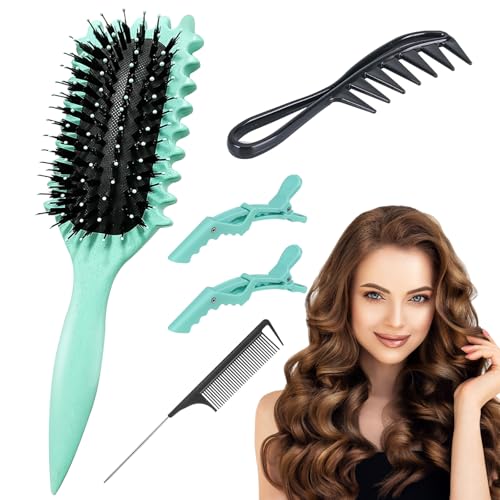 Yeria Kit Escovas de cabelo encaracolado 5 peças, Método Curly: Escova de ondulação, pente largo, pente de cauda e 2 pinças - anti-puxões, antifrizz – Unissexo mulheres e homens (verde)