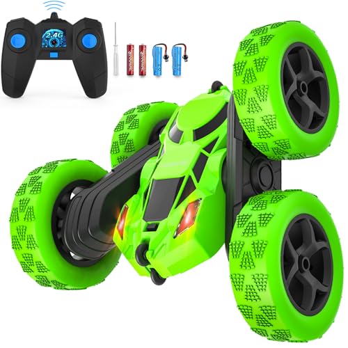Cosone Carro de controlo remoto, brinquedo de 2,4 GHz com 2 baterias recarregáveis, carro de dupla face giratório de 360 °, presente de aniversário, brinquedo de corrida para crianças de 6 7 8 9 10