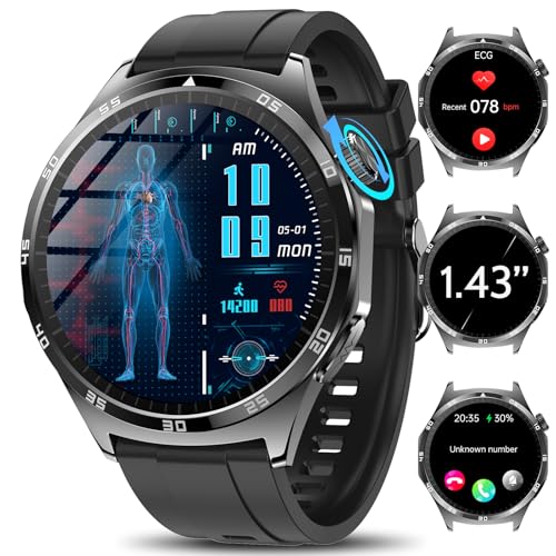 Relógio inteligente homem com ECG/ácido úrico/lípido, 1,43" AMOLED Smartwatch com BMI/fadiga/emoções, 24/7 pressão arterial, temperatura corporal, SpO2, sonho saúde relógio para Android iOS