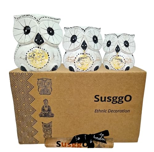 SusggO Conjunto de 3 corujas decorativas de madeira, decoração, esculpido à mão, coruja da sorte, ideia artesanal ornamento móvel (branco detalhes prateados)