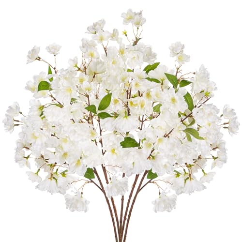 Hollyone 5 ramos de cerejeira de 27 polegadas de altura, flores artificiais para decoração, flores falsas de alegria, flores de seda branca, hastes de flores de cerejeira para decoração de casa