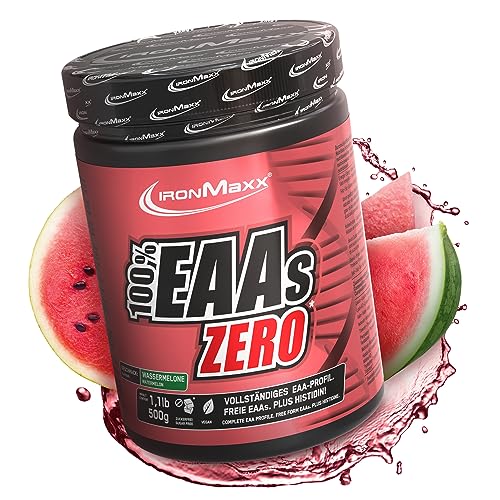 IronMaxx 100 % EAAs zero - melancia recipiente frasco de 500 g | pó de EAA, vegano e sem açúcares com todos os 8 aminoácidos essenciais, sabor frutado, sem conservantes