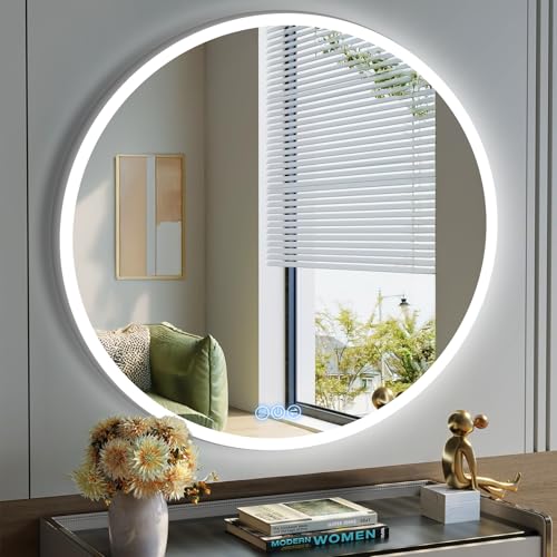 Espelho casa de banho com luz Ø 80 cm, espelho maquilhagem com luz redonda com iluminação LED, com interruptor de sensor tátil espelhos de parede com regulável, 3 cores luz, função de memória, vidro