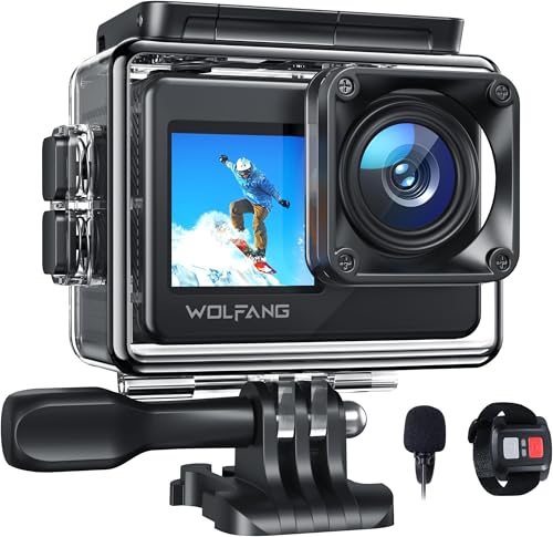 WOLFANG Câmara desportiva GA120 4K 30FPS, 20 MP ecrã duplo, câmara subaquática de mergulho 40 m, 170 ° grande ângulo com EIS, microfone duplo, controlo remoto, 2 baterias, vários acessórios
