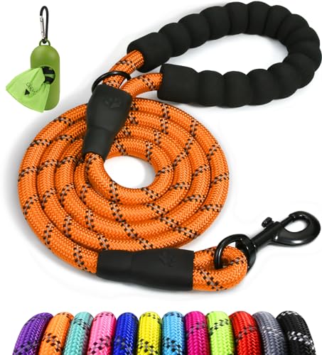 Taglory Trela de cão, trela forte de cão para cães médios com cabo acolchoado macio e fios refletores, 1,8 m x 1,0 cm, laranja