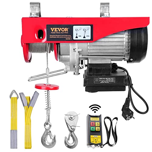 VEVOR Guarda-louça elétrica carga de elevação de 1000 kg grua de 1600 W com controlo remoto sem fios 10 m/min altura de elevação 12 m cabo único motor de cobre puro para garagem armazéns plantas