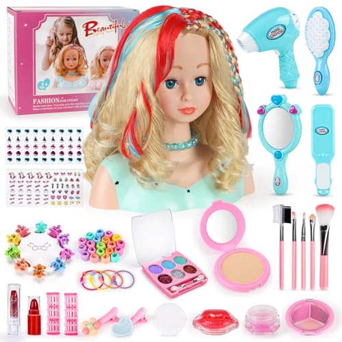 BuzzoXerex Cabeça boneca para pentear e maquilhar, 58 peças busto boneca pentear e maquilhar, cabeça de cabeleireiro para crianças, aniversários para crianças a partir de 3 anos (azul)