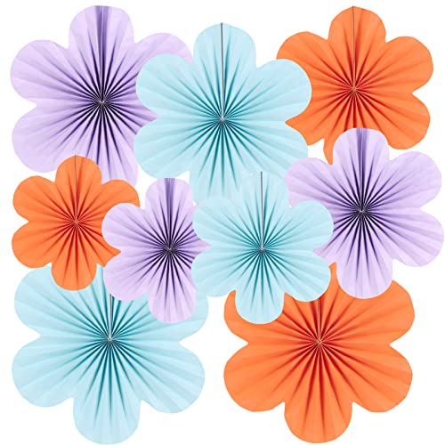 SUNBEAUTY 9 unidades de papel leque decoração pendente grinalda azul violeta claro laranja flores leques de papel decoração para casamentos aniversário chá festa decoração de mesa sala de Garland
