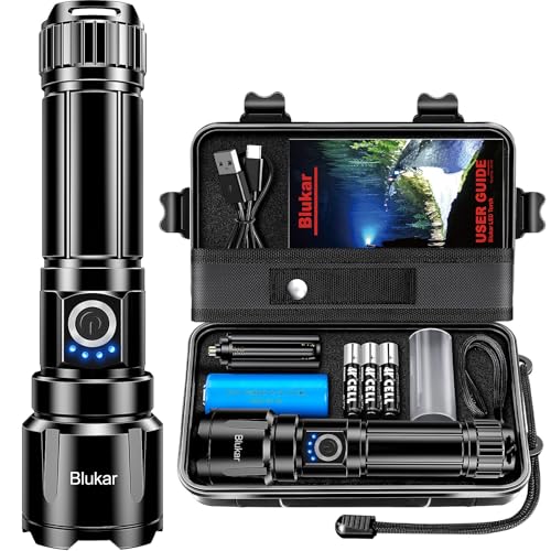 Blukar Lanternas LED de alta potência, lanternas recarregáveis com 5 modos de luz, zoomable, impermeável portátil tática lanterna para campismo/caminhadas/ao ar livre/emergências