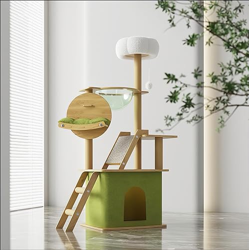 Mekidulu Árvore de gatos - com 1 cápsula espaço, 1 casa de gatos, 1 poste arranhador para gatos, 1 rede para gatos, 1 plataforma de peluche, 1bola de brinquedo, 1 almofada verde (150 cm verde)