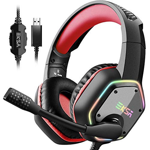 EKSA E1000 Capacetes Gaming USB para PC, Over Ear auriculares Gaming com cabo, microfone com cancelamento de ruído, som envolvente 7.1, luz RGB para consola PS4/PS5, computador portátil