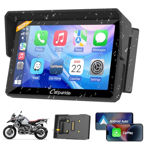 Carpuride W502B Pro para Moto B.-M-.WCarPlay e Android Auto e Bluetooth duplo, navegação impermeável de 5 polegadas para moto, partilhar música, intercomunicador, sensor de luz, bússola, barómetro
