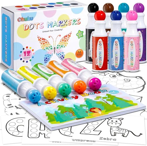 Ohuhu Marcadores de pontos, 12 Colori Pennarelli (9 mm) Bingo Pittura Penne (40 ml) com 30 Pagine di Livro di Attività, canetas laváveis não tóxicas, Pennarelli a Ponta per Arte