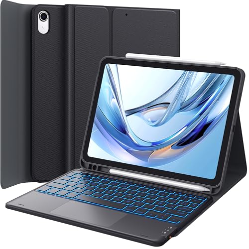 CHESONA Teclado iPad de 10 geração, capa para iPad A16 de 11 polegadas 2025 com teclado, Touchpad inteligente, retroiluminação de 7 cores, 2 canais BT, magnético espanhol Ñ teclado, preto
