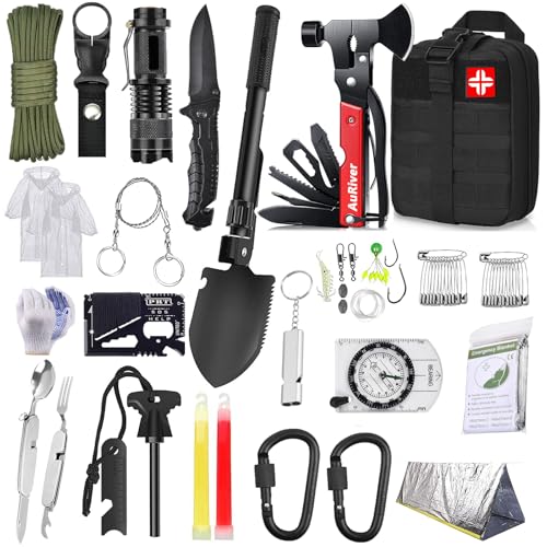 AuRiver Kit de sobrevivência, equipamento de emergência, kit de sobrevivência com machado de martelo multifuncional, kit de emergência para viajar caminhar acampar ao ar montanha (preto)