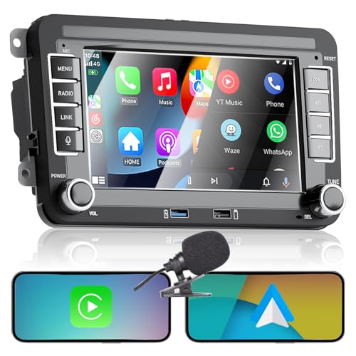 Rádio de carro duplo DIN de carro para golfe 5 6 Passat Jetta Caddy CC Polo Tiguan EOS Touran T5 Carplay sem fios Android, 7 polegadas ecrã tátil com/Bluetooth/FM/Am Rádio/USB/DPS/RDS