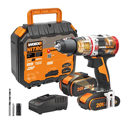 Broca de impacto sem cabo de 18 V (máximo de 20 V) WX354.1 WORX NITRO, PowerShare PRO, broca percutora, motor sem escovas, 60 N.m, 2 velocidades, 10 mm em cimento armado, 1 broca de alvenaria de 8 mm