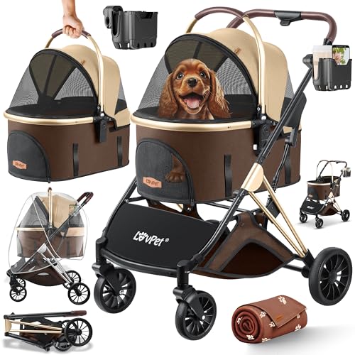 LOVPET® Carrinho para cães e gatos 3 em 1 carrinho dobrável | bolsa de transporte 360° rodas grandes | transporte para animais de estimação, rede e cobertura para chuva, Jogger