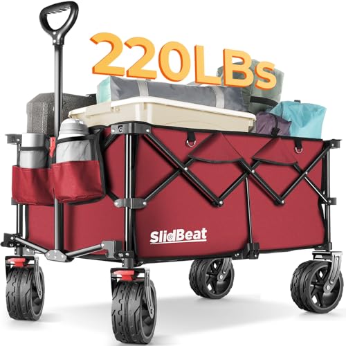 SLIDBEAT Carrinho de praia com roda grande universal 190 l carro dobrável com roda todo-o-terreno carro de jardim carga máxima 220 kg vermelho