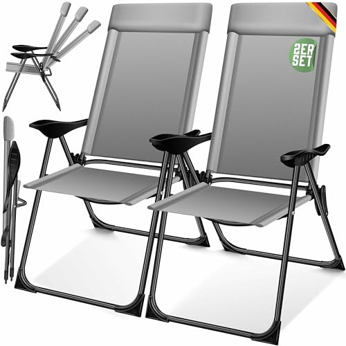 KESSER® Conjunto de 2 cadeiras de jardim dobráveis de alumínio com encosto alto ajustável 7 posições, apoio de braços respiráveis, portáteis, cadeira de campismo para jardim e terraço, cinzento