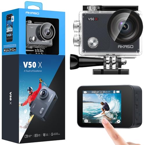 AKASO Câmara desportiva WiFi nativa 4K 30 fps câmara de ação com ecrã táctil EIS ângulo de visão ajustável câmara aquática submergível 40 m controlo remoto 2 baterias multi acessórios V50X