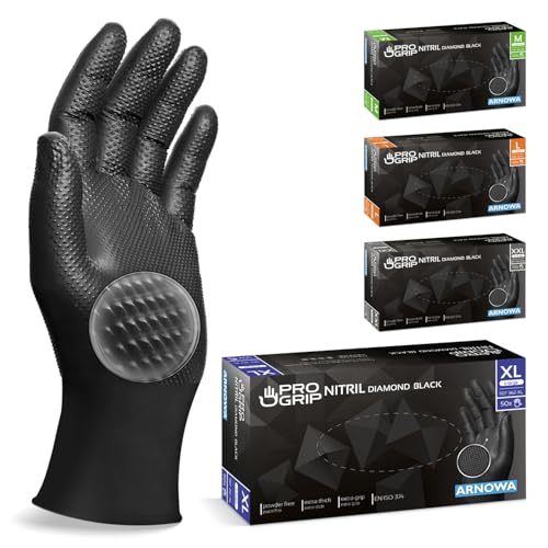 PROGRIP Luvas descartáveis pretas, de trabalho e jardim, em XL, luvas descartáveis extra resistentes, 2 vezes mais grossas, luvas descartáveis de nitrilo com estrutura de diamante para oficina,
