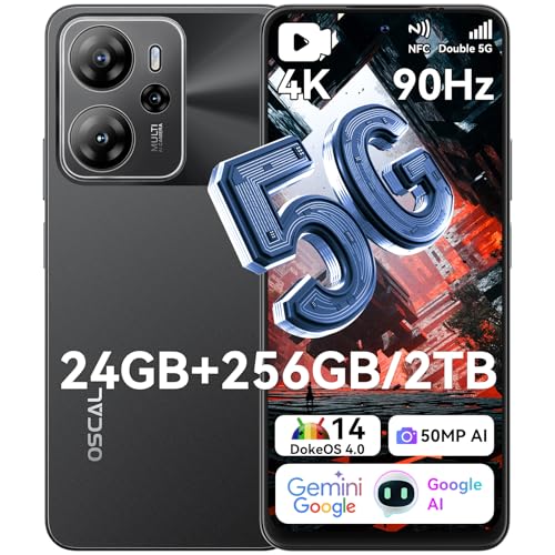 OSCAL Tiger 13 telemóvel 5G Smartphone - 24 GB+256GB/2TB Android 14 | câmara 50MP IA | 6,67" 90Hz 700nits, bateria 5000 mAh 18 W | 5G Dual SIM + NFC, Gemini IA + pegada, 3 Anos Garantia de crianças