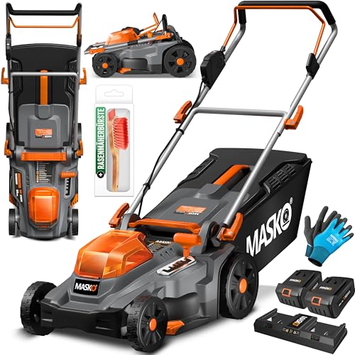 MASKO® Corta-relvas com função de cobertura morta, inclui 2 x baterias de iões de lítio de 4 anos e carregador duplo, largura de corte de 37 cm, 6 posições de 25 a 75 mm, altura regulável, 40 l até
