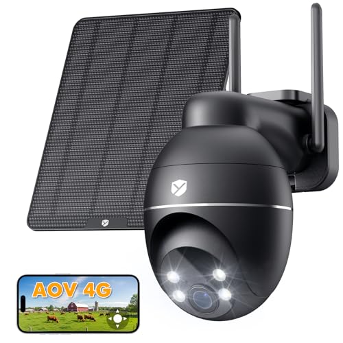 YESKANO 24/7 Gravação AOV 4G LTE câmara de vigilância exterior solar sem WiFi alimentado por bateria, visão noturna 2K, PTZ 355° e 100°, deteção de erros e veículos, duplo SIM (eSIM incluído)
