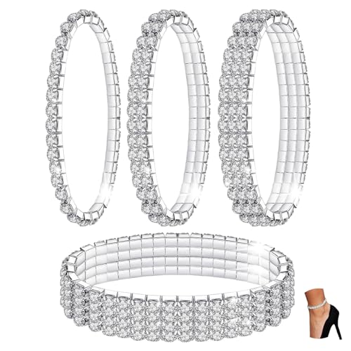 Kucheed 2 peças tornozeleira de diamantes cintilantes para mulher, pulseiras de tornozelo de prata com cristais elásticos, tornozelo de joalharia de pé, tornozeleira de ténis nupcial brilhante