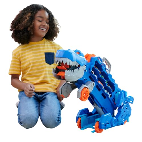 Hot Wheels City "Let's Race - a correr!" Netflix Camião T-Rex definitivo dinossauro transporte e pista para carros de brinquedo, inclui 2 veículos, + 4 anos (Mattel HNG50)