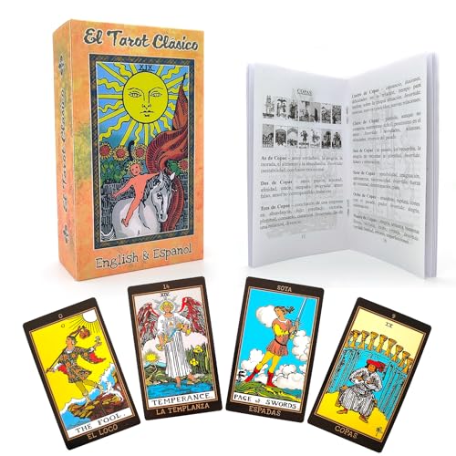Pelucton Cartas de tarô em espanhol para iniciantes, edição em espanhol e inglês do baralho de tarot clássico de 78 cartas com livro guia