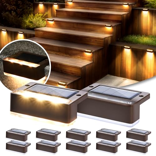 Solpex Luzes solares para exterior, 12 peças, luz branca quente para escadas, luzes solares impermeáveis, iluminação LED para escadas exteriores, degraus, cerca, pátio, decoração (castanho)