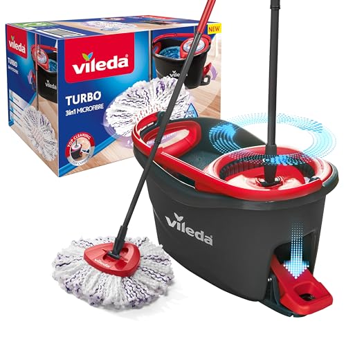 Vileda Turbo 3 em 1 Mopa de chão com escorredor giratório e cubo com pedal | cabo telescópico 85-123 cm, cabeça de microfibra, sustentável, Love it Clean