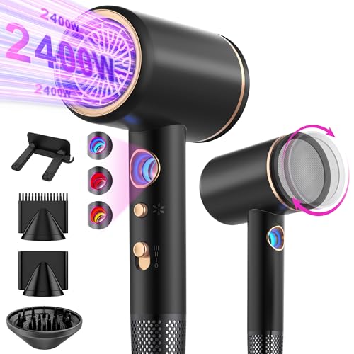 Tisoutec Secador de cabelo profissional de iões com motor AC 2400 W, difusor de cabelo 4 em 1, botão quente/frio, 3 níveis de calor, 3 níveis de velocidade, inclui