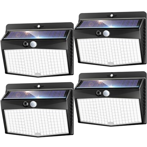 nipify Luz solar exterior com sensor de movimento, 3 modos / 4 pacotes holofotes solares para exteriores, luzes solares impermeáveis LED exterior para jardim, garagem, rua, pátio, caminhos