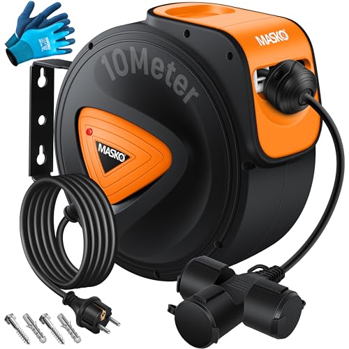 MASKO Cabo de extensão automático de 10 m com conexão de 3 vias, giratório de 180°, cabo de alimentação de 1,5 m, suporte de parede, enrolador de cabos, enrolador de cabos, inclui luvas