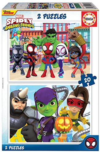 Educa - 2 x 20 Spidey & His Amazing Friends, 2 puzzles de cartão com 20 peças, diversão por jogo duplo, medida aproximada de cada quebra-cabeças: 28 x 20 cm, A partir de 3 anos (19296)