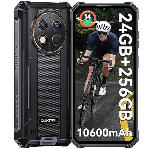 OUKITEL G1 Android 14 telemóvel rugerizado - 24 GB RAM + 256 GB ROM (TF 1TB) telemóvel inquebrável, bateria 10600 mAh, 6,52" HD+ IPS telemóvel, câmara 48 MP + 5 MP, 95dB Altifalante, duplo 4G Sim/NFC.