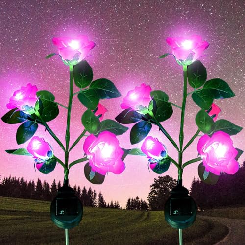 Luzes solares para exterior e jardim, XVZ lâmpadas decorativas LED rosas solares, impermeável candeeiro solar com flor maior e painel solar mais largo, para jardim relvado terraço caminho (rosa 2