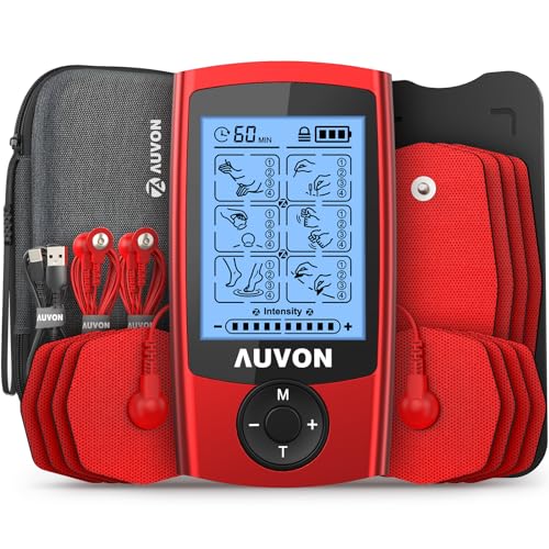 AUVON TENS Eletroestimulador com estojo EVA, dispositivo de corrente de estimulação recarregável para tratamento da dor com 24 modos, eletroestimulador TENS inclui 12 elétrodos, 2 canais