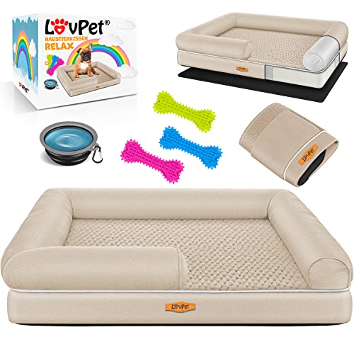 Lovpet® Cama ortopédica para cães, almofada para cães, cesta para cães Relax, inclui comedouro de 3 ossos para mastigar, sofá para cães pequenos, médios e grandes, capa removível e lavável