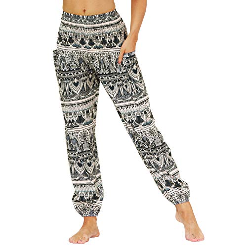 Nuofengkudu Calças estampadas com bolsos para mulher, com cintura alta e elástica, de estilo hippie e thai, para ioga, verão, estilo casual