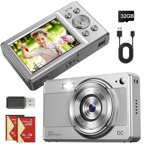 Câmara digital com fotografias, câmara digital vintage compacta, câmara fotográfica com cartão 32 GB para crianças iniciantes adultos, 2,8 ", 56 MP, 1080P FHD, duas baterias (prateado)