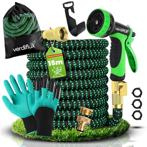 Mangueira de jardim de 15 metros com 10 funções de rega, mangueira extensível com conectores de 3/4" e 1/2", 2 luvas incluídas, mangueira de alta resistência leve e duradoura, cor verde verde