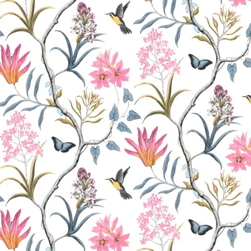 ICYEHAO Papel de parede flores rosa, 44,5 x 1000 cm papel de parede flores e pássaros borboletas azul folhas plantas vinil autocolante para móveis, armários, livraria, sala de estar, quarto, casa de