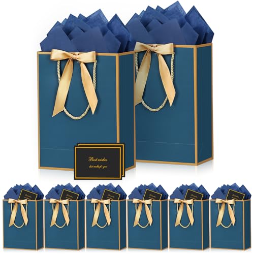 BBLIKE Sacos de presente com alça - 8 bolsa azul presente 8 cartões de felicitação 10 papel Sydney Paper, sacos de presente para aniversários, presente, comemoração, casamento, cor azul