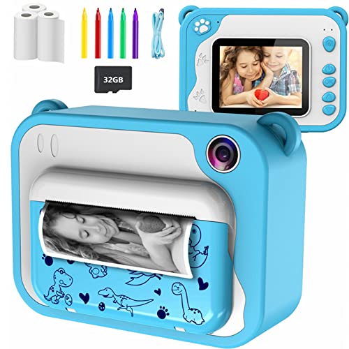Câmara fotos infantis instantâneas, ULEWAY câmara de fotos para crianças presente de aniversário para 3-12 anos, câmara de vídeo com cartão SD 32 GB/papel de impressão/caneta colorida (azul