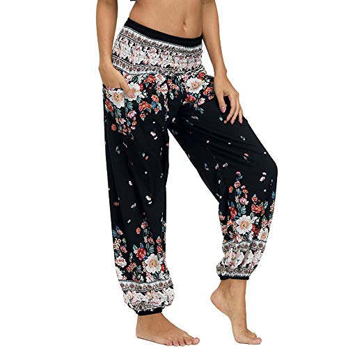 Nuofengkudu Calças estampadas com bolsos para mulher, com cintura alta e elástica, de estilo hippie e thai, para ioga, verão, estilo casual